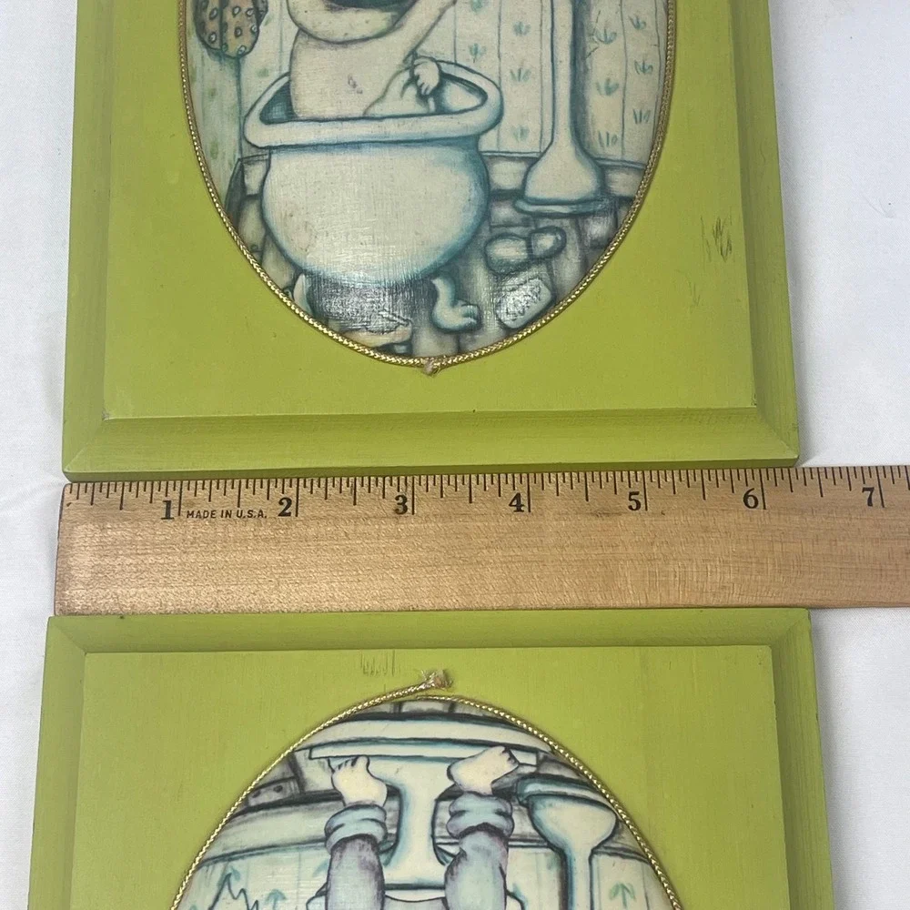 Vintage Handmade Decoupage Wood Bathroom Wall Art Set Convex Chartreuse 8.5x6.25
